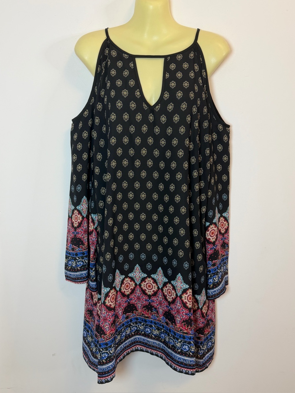 Notations Cold Shoulder Black Border-Print Dress with Pink & Blue Accents